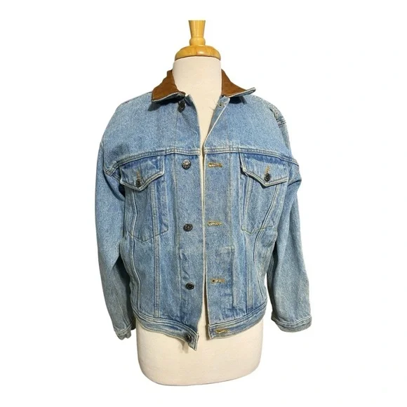 London Fog, Blue Denim Jacket with Brown leather Collar - Picture 2 of 15